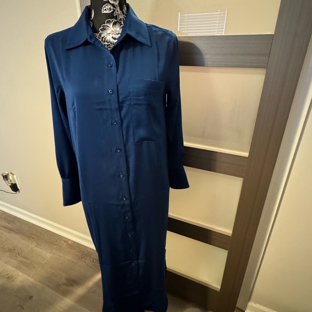 Banana Republic Blue Long Sleeve Notched Collar Dress
